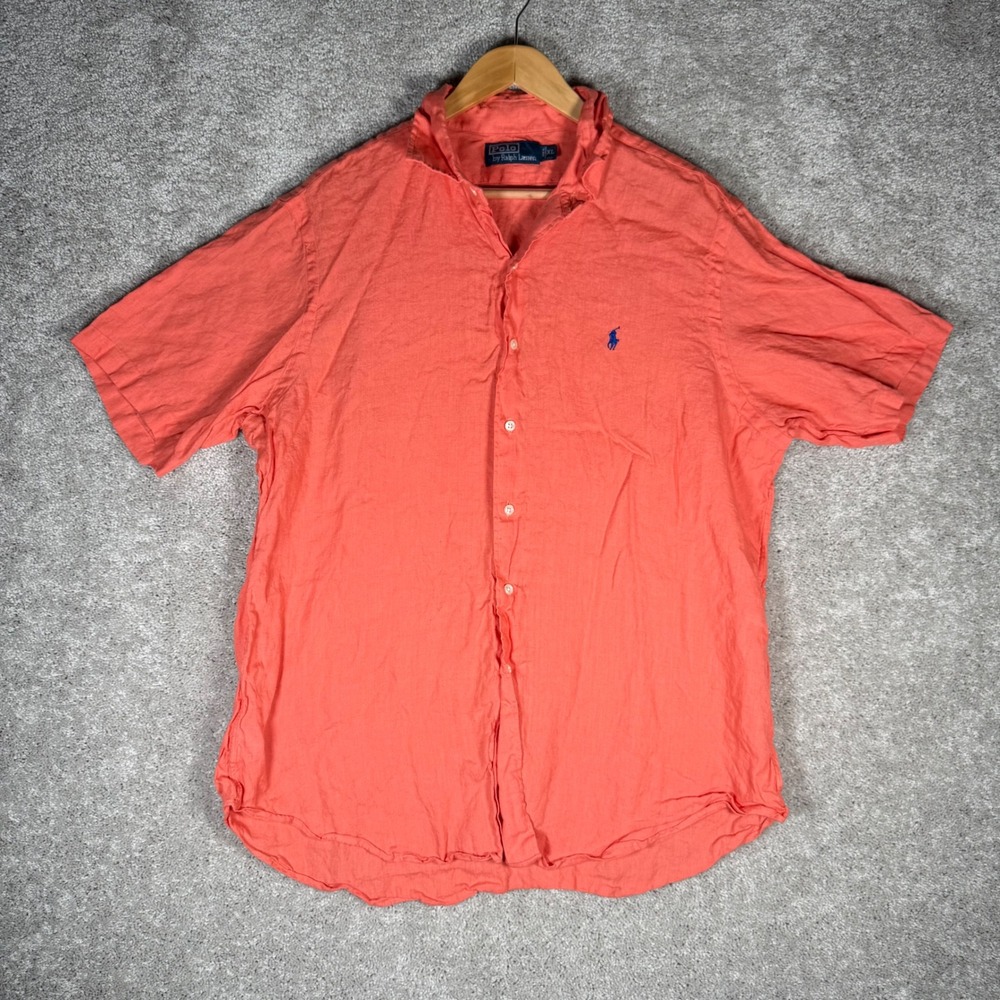 Polo Ralph Lauren Mens XL Short Sleeve 100% Linen Button Down Shirt Orange Coral